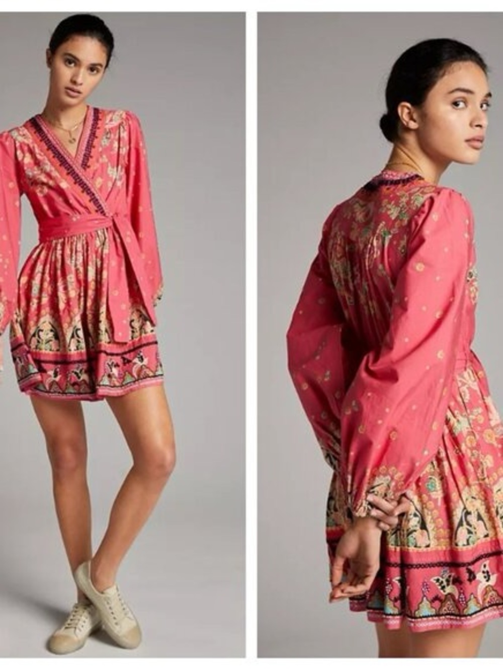 Anthropologie Embroidered Coral Pink Floral Wrap-Style Mini Dress